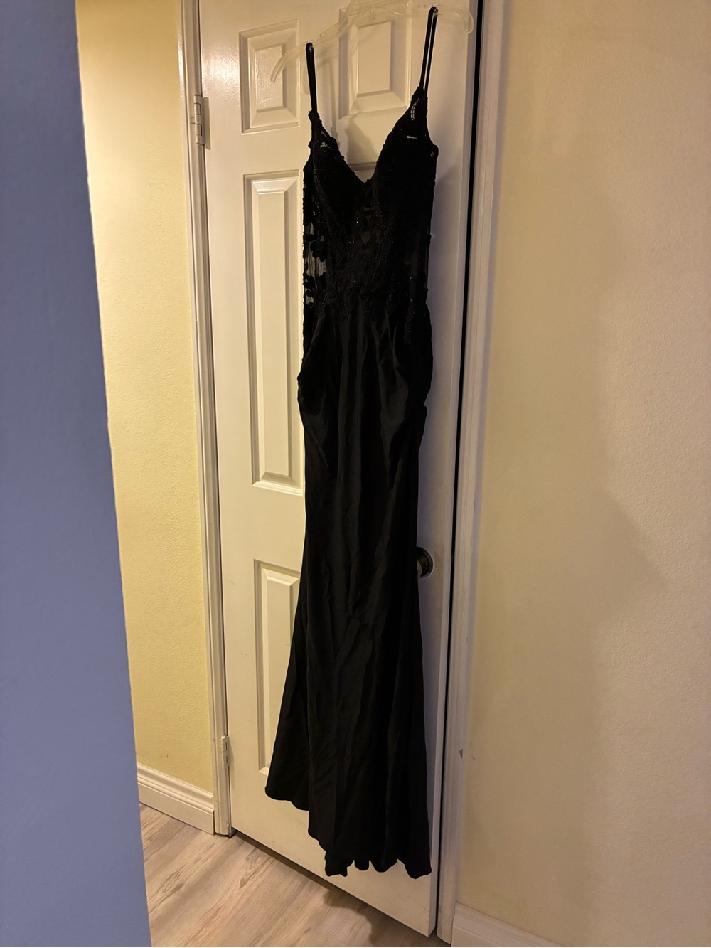 La Femme Black Lace-Trim Evening Dress